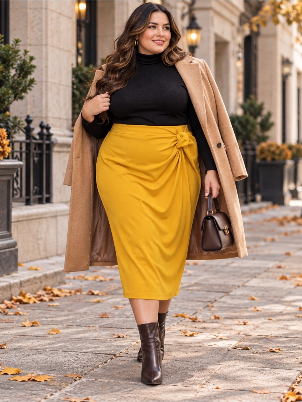 NWT Kate Kasin Mustard Yellow Side Knot Midi Skirt XXL | Fall Chic